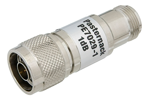 1 dB 固定減衰器、75 Ω N オス 〜 75 Ω N メス、真鍮ニッケルメッキ、1 W、最大 1 GHz