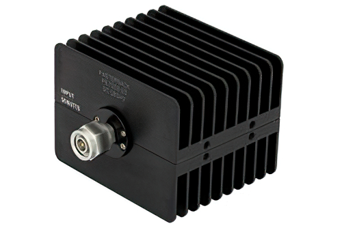 20 dB 固定減衰器、TNC オス 〜 TNC メス 方向性、黒色 陽極酸化アルミヒートシンク、50 W、最大 18 GHz