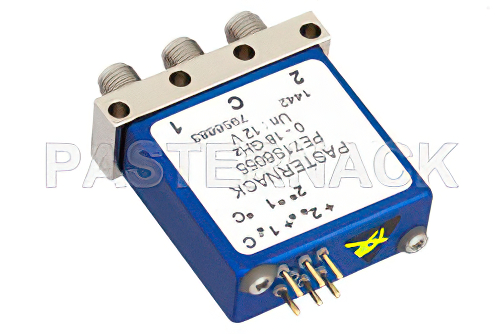 SPDT 電気機械式リレーラッチングスイッチ、DC 〜 18 GHz、最大 240 W、12 V、インジケータ、セルフカットオフ、SMA