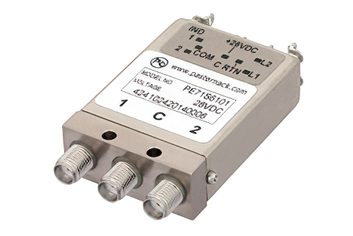 SPDT 電気機械式リレーラッチングスイッチ、DC 〜 26.5 GHz、20 W、28 V、インジケータ、TTL ロジック、セルフカットオフ、ダイオード、SMA
