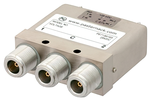 SPDT 電気機械式リレーラッチングスイッチ、DC 〜 12.4 GHz、160 W、28 V、インジケータ、TTL ロジック、ダイオード、セルフカットオフ、N