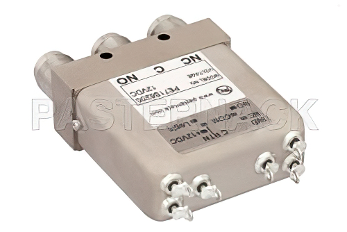 SPDT 電気機械式リレーフェールセーフスイッチ、DC 〜 10 GHz、50 W、12 V、インジケータ、TTL ロジック、ダイオード、TNC