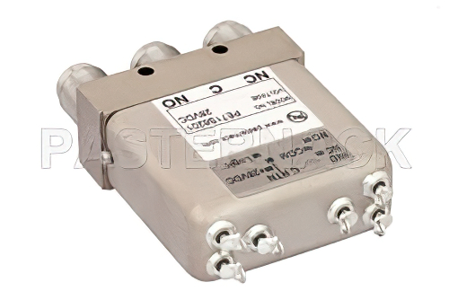 SPDT 電気機械式リレーフェールセーフスイッチ、DC 〜 10 GHz、50 W、28 V、インジケータ、TTL ロジック、ダイオード、TNC