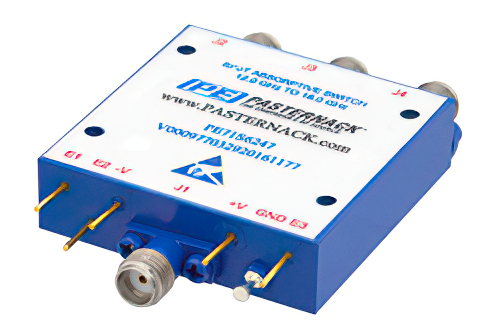 吸収型 SP3T、PIN ダイオードスイッチ、動作周波数 12 GHz 〜 18 GHz、最大 0.1 W (+20 dBm)、フィールド交換式、SMA