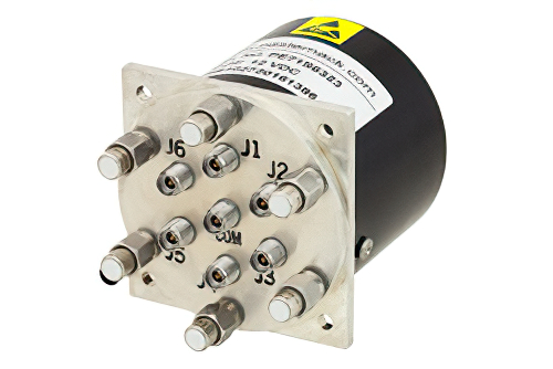 SP6T 電気機械式リレーラッチングスイッチ、終端、DC 〜 40 GHz、3 W、12 V、セルフカットオフ、TTL ロジック、インジケータ、リセット、2.92mm