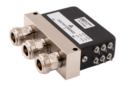 SPDT メカニカルリレー フェールセーフ スイッチ, DC ～ 12 GHz, 最大 600W, 2M ライフサイクル, 12V, インジケータ, TTL, 抑制ダイオード, N