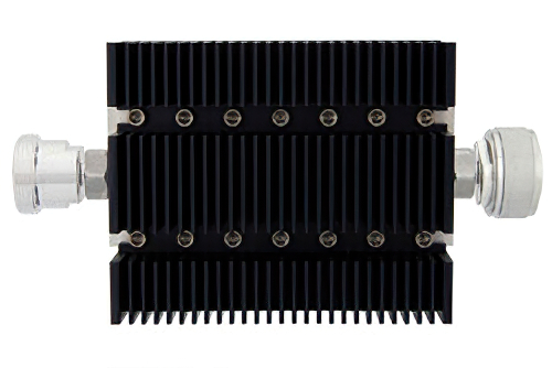 3 dB 固定減衰器、7/16 DIN メス 〜 7/16 DIN オス 方向性、黒色 陽極酸化アルミヒートシンク、100 W、最大 6 GHz