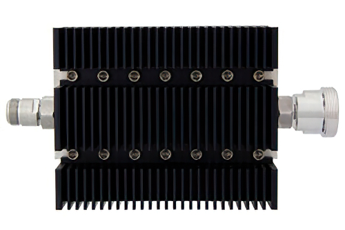 20 dB 固定減衰器、N メス 〜 7/16 DIN メス 方向性、黒色 陽極酸化アルミヒートシンク、100 W、最大 6 GHz