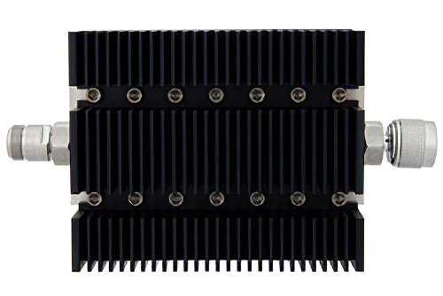10 dB 固定減衰器、N メス 〜 N オス 方向性、黒色 陽極酸化アルミヒートシンク、100 W、最大 6 GHz