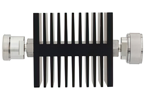 30 dB 固定減衰器、7/16 DIN メス 〜 7/16 DIN オス 方向性、黒色 陽極酸化アルミヒートシンク、50 W、最大 7.5 GHz