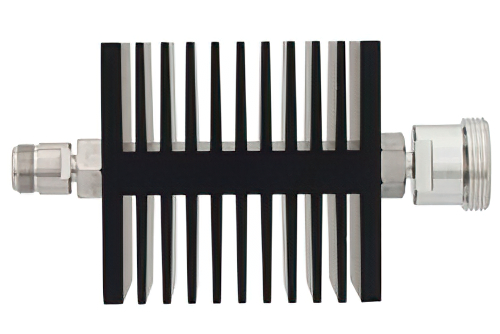 10 dB 固定減衰器、N メス 〜 7/16 DIN メス 方向性、黒色 陽極酸化アルミヒートシンク、50 W、最大 7.5 GHz