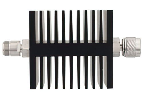 10 dB 固定減衰器、N メス 〜 N オス 方向性、黒色 陽極酸化アルミヒートシンク、50 W、最大 18 GHz
