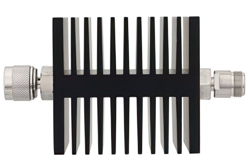 6 dB 固定減衰器、N オス 〜 N メス 方向性、黒色 陽極酸化アルミヒートシンク、50 W、最大 18 GHz