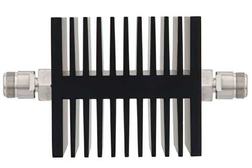 40 dB 固定減衰器、N メス 〜 N メス 方向性、黒色 陽極酸化アルミヒートシンク、50 W、最大 18 GHz