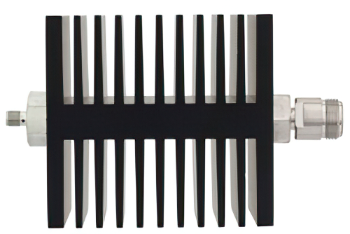 50 dB 固定減衰器、SMA メス 〜 N メス 方向性、黒色 陽極酸化アルミヒートシンク、50 W、最大 18 GHz