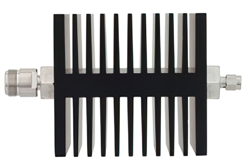 30 dB 固定減衰器、N メス 〜 SMA オス 方向性、黒色 陽極酸化アルミヒートシンク、50 W、最大 18 GHz