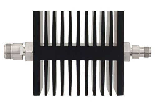 3 dB 固定減衰器、N メス 〜 TNC メス 方向性、黒色 陽極酸化アルミヒートシンク、50 W、最大 18 GHz