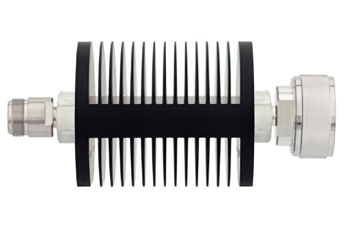 30 dB 固定減衰器、N メス 〜 7/16 DIN オス、黒色 陽極酸化アルミヒートシンク、25 W、最大 7.5 GHz