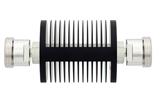 40 dB 固定減衰器、7/16 DIN メス 〜 7/16 DIN メス、黒色 陽極酸化アルミヒートシンク、25 W、最大 7.5 GHz