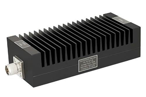 20 dB 固定減衰器、N オス 〜 N メス 単一方向性、黒色 陽極酸化アルミヒートシンク、200 W、最大 3 GHz