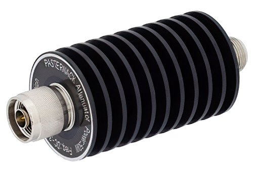 15 dB 固定減衰器、N オス 〜 N メス 単一方向性、黒色 陽極酸化アルミヒートシンク、50 W、最大 3 GHz