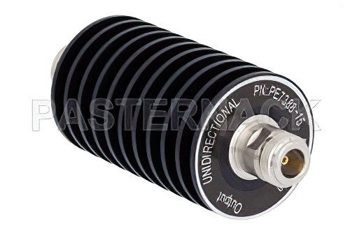 15 dB 固定減衰器、N オス 〜 N メス 単一方向性、黒色 陽極酸化アルミヒートシンク、50 W、最大 3 GHz