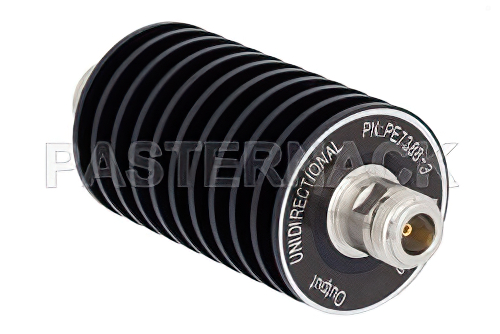 3 dB 固定減衰器、N オス 〜 N メス 単一方向性、黒色 陽極酸化アルミヒートシンク、50 W、最大 3 GHz