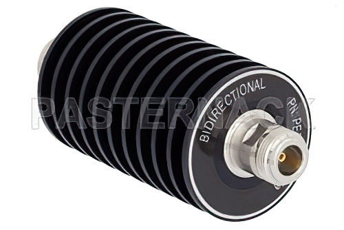 40 dB 固定減衰器、N オス 〜 N メス、黒色 陽極酸化アルミヒートシンク、50 W、最大 3 GHz