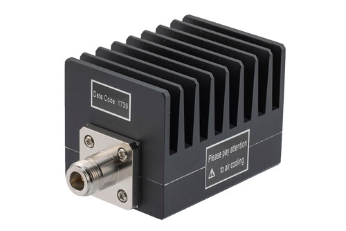 10 dB 固定減衰器、N オス 〜 N メス、黒色 陽極酸化アルミヒートシンク、50 W、最大 4 GHz