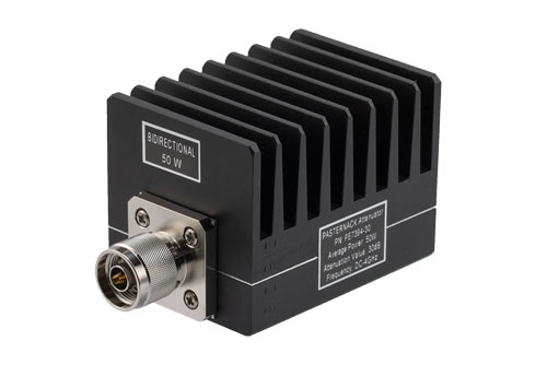 30 dB 固定減衰器、N オス 〜 N メス、黒色 陽極酸化アルミヒートシンク、50 W、最大 4 GHz