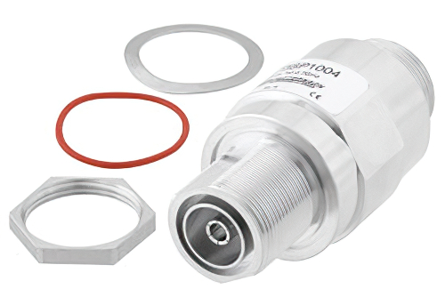 7/16 F/F 入/出力 バルクヘッド 同軸 RF サージプロテクタ、698MHz - 2.7GHz、DC 通過、1000W、IP67、20kA、フィルタ、低 PIM -155 dBc