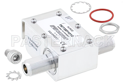 N型 F/F 入/出力 同軸 RF サージプロテクタ、800MHz - 2.5GHz、DC 通過、300W、IP67、20kA、ハイブリッド、本体側ブラケット付き