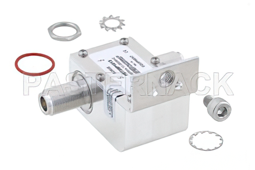 N型 F/F 入/出力 同軸 RF サージプロテクタ、800MHz - 2.5GHz、DC 通過、300W、IP67、20kA、ハイブリッド、アレスタ外側へブラケット付き