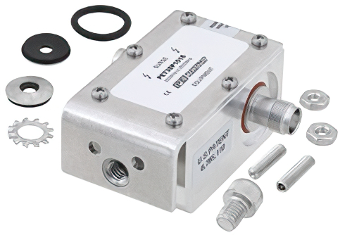 TNC F/F 入/出力 同軸 RF サージプロテクタ、800MHz - 2.5GHz、DC 通過、300W、IP67、20kA、ハイブリッド、本体側ブラケット付き