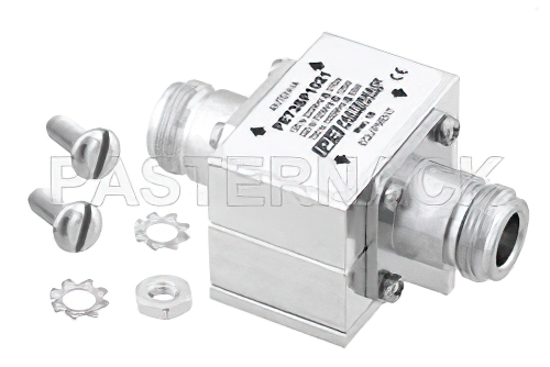 N型 F/F 入/出力 同軸 RF サージプロテクタ、1.5MHz - 700MHz、DC ブロック、2kW、IP非該当、10mJ、50kA、ブロックキャップ、気体管