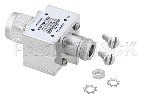 N型 M/F 入/出力 同軸 RF サージプロテクタ、125MHz - 1GHz、DC ブロック、375W、IP非該当、220uJ、20kA、ブロックキャップ、気体管