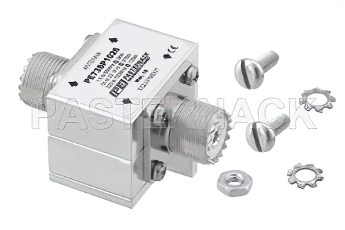 UHF F/F 入/出力 同軸 RF サージプロテクタ、1.5MHz - 700MHz、DC ブロック、2kW、IP非該当、10mJ、50kA、ブロックキャップ、気体管