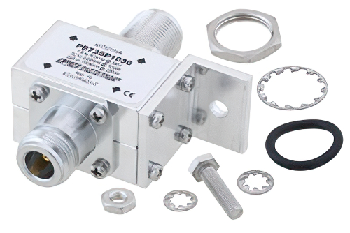 N型 F/F 入/出力 バルクヘッド 同軸 RF サージプロテクタ、1.5MHz - 700MHz、DC ブロック、3kW、IP非該当、20uJ、20kA、ブロックキャップ、気体管