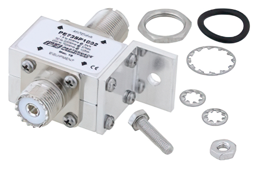 UHF F/F 入/出力 バルクヘッド 同軸 RF サージプロテクタ、1.5MHz - 700MHz、DC ブロック、2kW、IP非該当、10mJ、50kA、ブロックキャップ、気体管