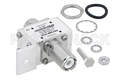 UHF F/F 入/出力 バルクヘッド 同軸 RF サージプロテクタ、1.5MHz - 700MHz、DC ブロック、2kW、IP非該当、10mJ、50kA、ブロックキャップ、気体管