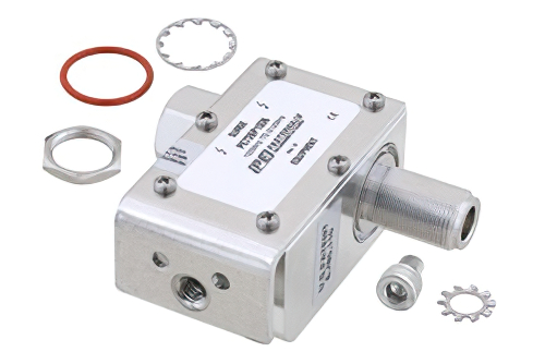 N型 M/F 入/出力 同軸 RF サージプロテクタ、100MHz - 512MHz、DC ブロック、750W、IP67、20kA、フィルタ、本体側ブラケット付き