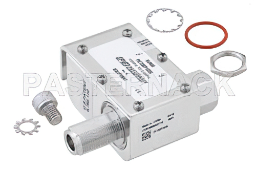 N型 M/F 入/出力 同軸 RF サージプロテクタ、100MHz - 512MHz、DC ブロック、750W、IP67、20kA、フィルタ、本体側ブラケット付き