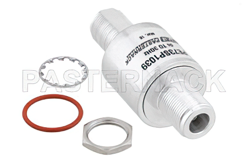 N型 F/F 入/出力 バルクヘッド 同軸 RF サージプロテクタ、DC - 3GHz、DC 通過、40W、IP67、40kA、気体放電管