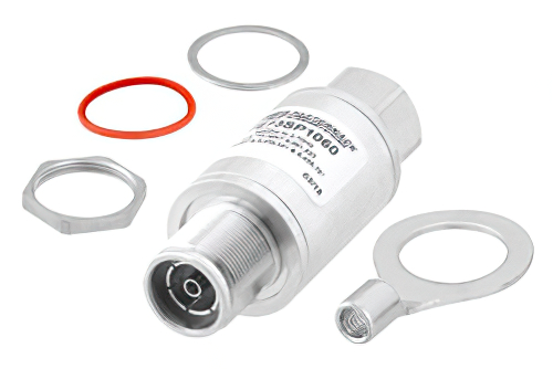 4.3-10 M/F 入/出力 バルクヘッド 同軸 RF サージプロテクタ、698MHz - 2.7GHz、DC ブロック、500W、IP67、40kA、フィルタ、低 PIM -173 dBc