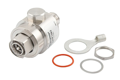 4.3-10 F/M バルクヘッド 同軸 RF サージプロテクタ、698MHz - 2.7GHz、500W、IP67、80 V Max.、1mJ、20kA、フィルタ、低 PIM -173 dBc