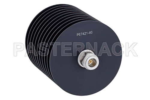 40 dB 固定減衰器、N オス 〜 N メス 方向性、黒色 陽極酸化アルミヒートシンク、100 W、最大 4 GHz