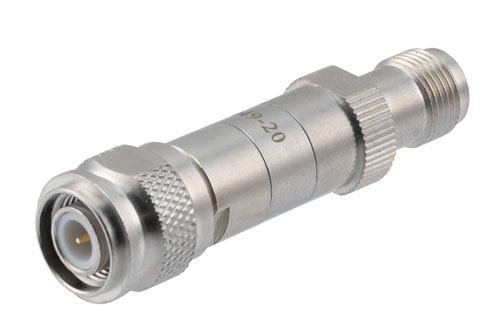 20dB DC バイアス減衰器, TNC オス ～  TNC メス 真鍮 トリメタル製, 最大 2 W, 100MHz ～ 3 GHz