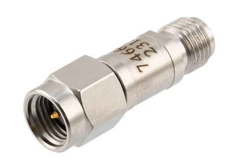 7 dB 固定減衰器, SMA オス ～ SMA メス, ステンレス鋼, 最大  2 W, DC ～ 12 GHz