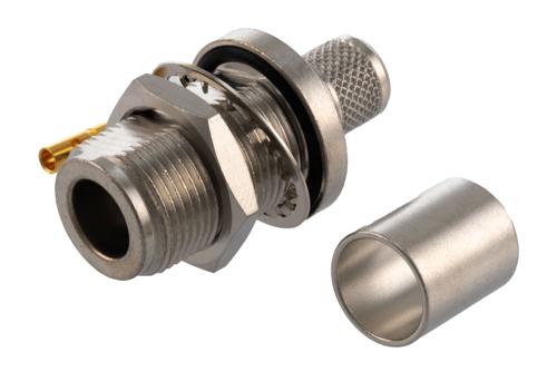 N メス バルクヘッド マウントコネクタ 圧着/はんだ接続, RG214, RG9, RG225, RG393, 穴サイズ 0.535 X 0.640 インチ