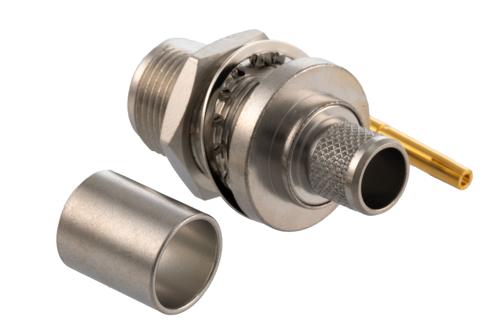 N メス バルクヘッド マウントコネクタ 圧着/はんだ接続, RG214, RG9, RG225, RG393, 穴サイズ 0.535 X 0.640 インチ